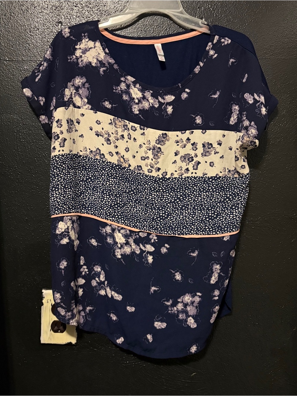Xhilaration Women's Navy Floral Stripe Short Sleeve Top Size XL